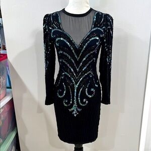 Vintage A.J. Bari black sequin beaded great gatsby 100% silk dress